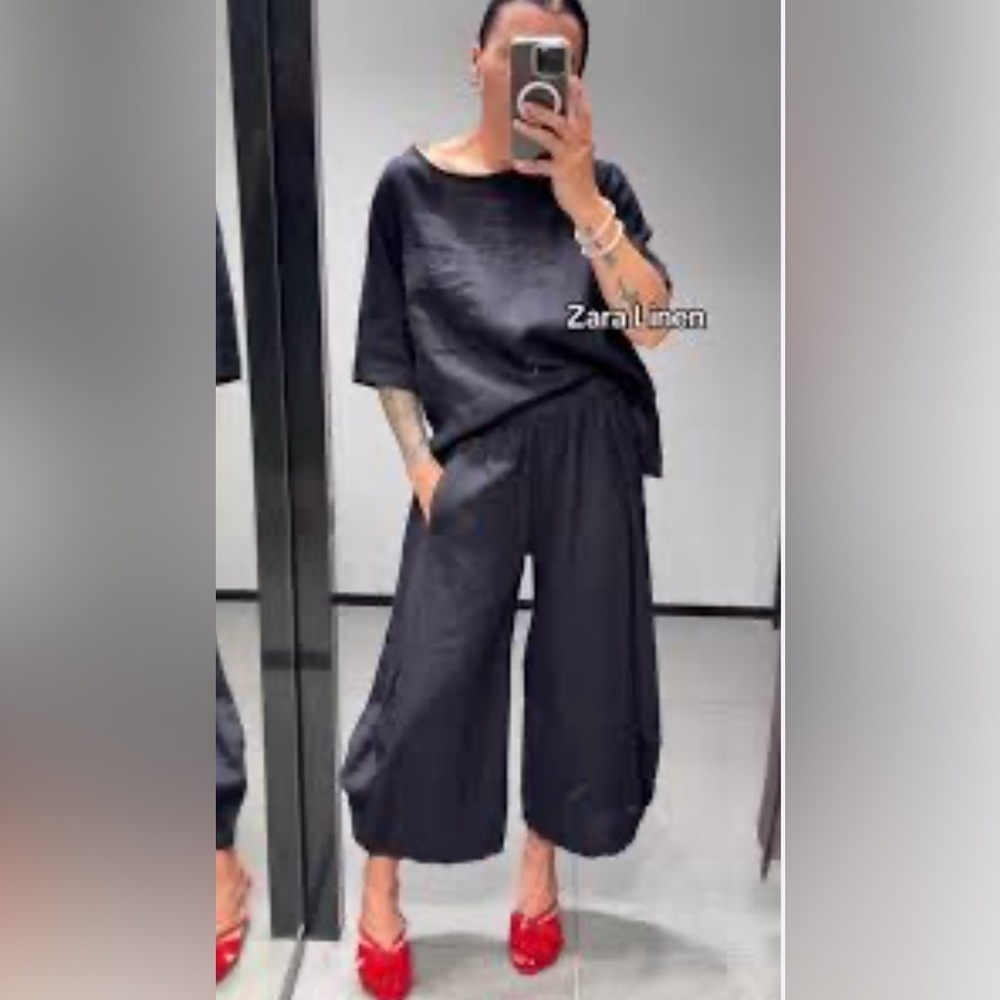 Zara ZW Collection black 100% linen wide volume pants trousers voluminous NwT S